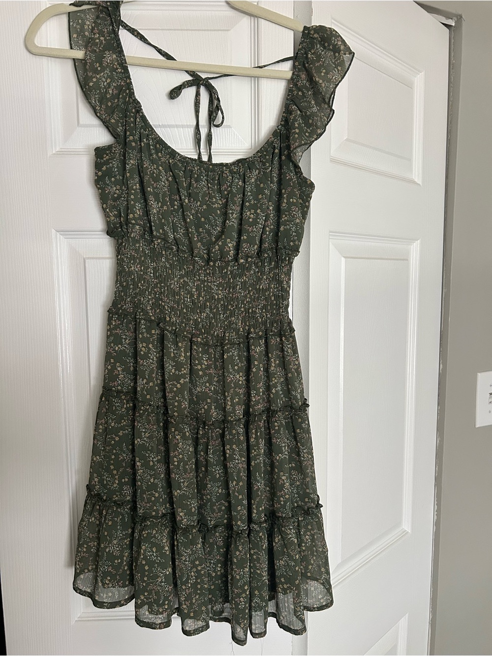 Trixxi Olive Green Floral Smocked Tiered Midi Dress
